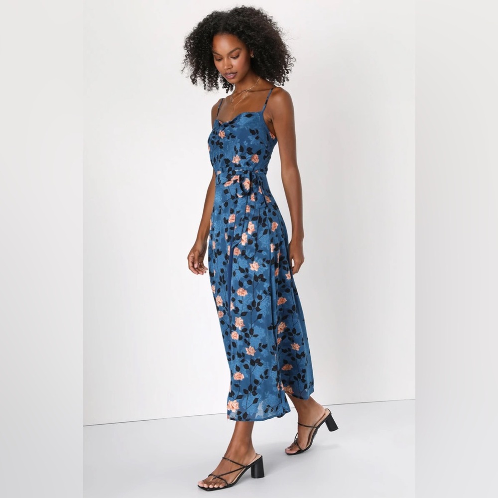 Lulus Dramatic Darling Blue Floral Print Cowl Faux Wrap Maxi Dress, XL
